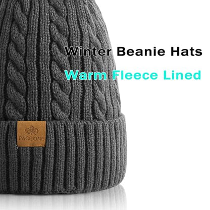 PAGE ONE Women Winter Pom Pom Beanie Hats Warm Fleece Lined Knit Hat Chunky Trendy Cute Cap - color: Dark Grey-1