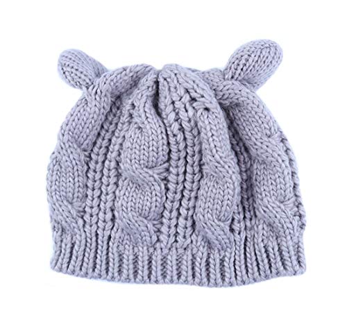 Women Winter Wool Baggy Beret Beanie Cute Devil Cat Ear Crochet Braided Knit Hat Ski Cap - color: Grey