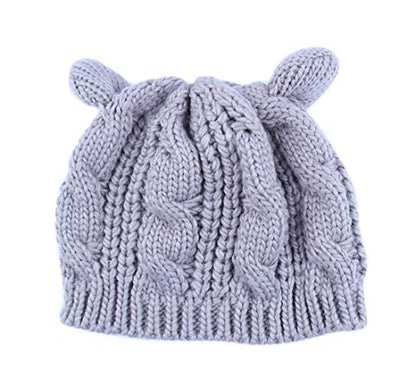 Women Winter Wool Baggy Beret Beanie Cute Devil Cat Ear Crochet Braided Knit Hat Ski Cap - color: Grey