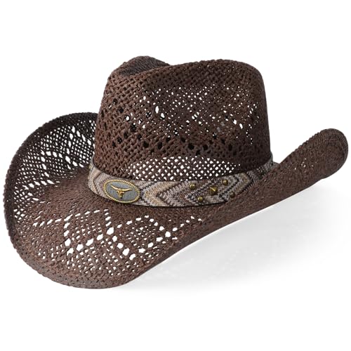 WQWOVRVO Cowboy Hat,Cowgirl Hat,Cowboy Hats for Women/Mens/Straw Wide with Shapeable Brim Western Cowboy Hat for Womens - color: Brownish Color