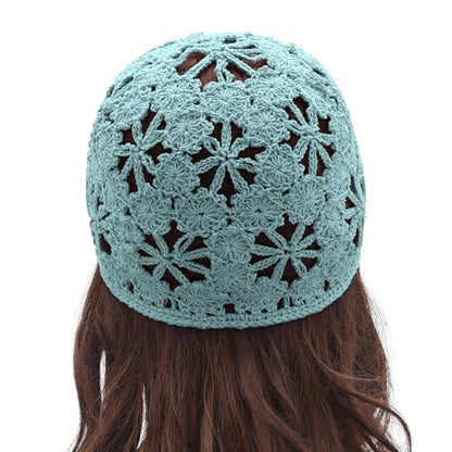 ZLYC Women Summer Slouchy Crochet Hat Handmade Cutout Skull Cap with Visor - color: Plain Light Blue, size: One Size