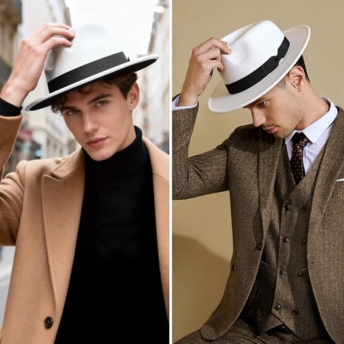 BABEYOND 1920s Fedora Hat for Men Gatsby Wide Brim Hat Felt Panama Cap - color: Bl/White-bl