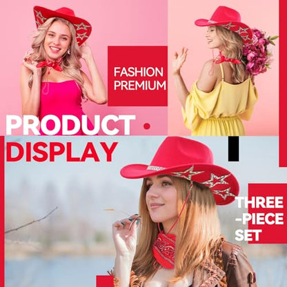 SHENYI Cowgirl Hat and Bandana and Heart Sunglasses Glitter Rhinestone Star Cowboy Hat Western Sparkly Hats for Women Men - color: Red
