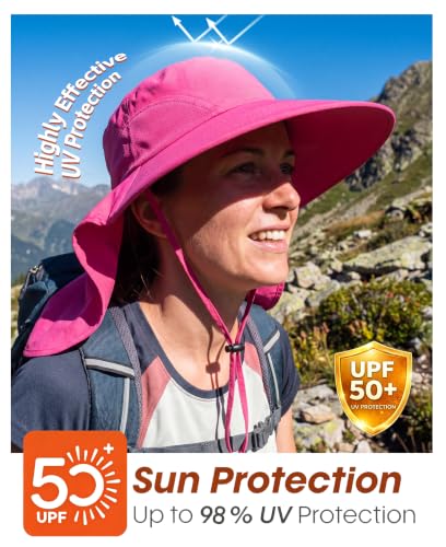 Home Prefer Outdoor UPF50+ Sun Hat Wide Brim Mesh Fishing Hat with Neck Flap - color: Rose Red