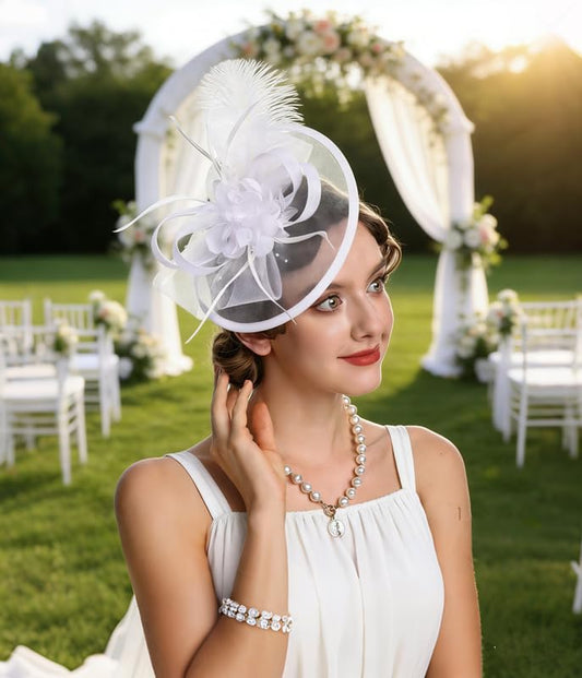 Women's Organza Church Vintage Wedding Fascinator Tea Party Wedding Hat Summer - color: Hj11-whit