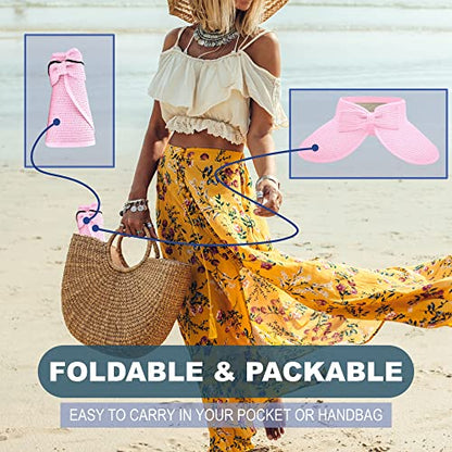 Straw Sun Visor for Women, Wide Brim UPF 50+ Protection Beach Hat, Adjustable, Roll Up Foldable Ponytail Cap with Chin Strap - color: Light Pink