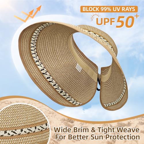 Sun Hats for Women Wide Brim Straw Sun Visors Ponytail Hat - color: Coffee Mix