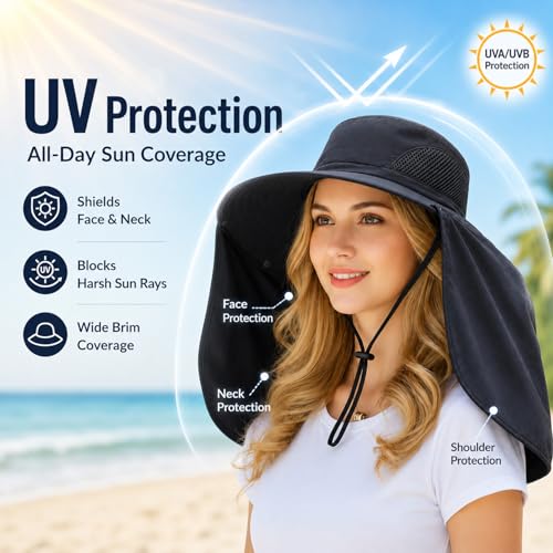 HUAMULAN Women Men Wide Brim Sun Hat Hiking Fishing Hats with Neck Flap - color: Black Solid