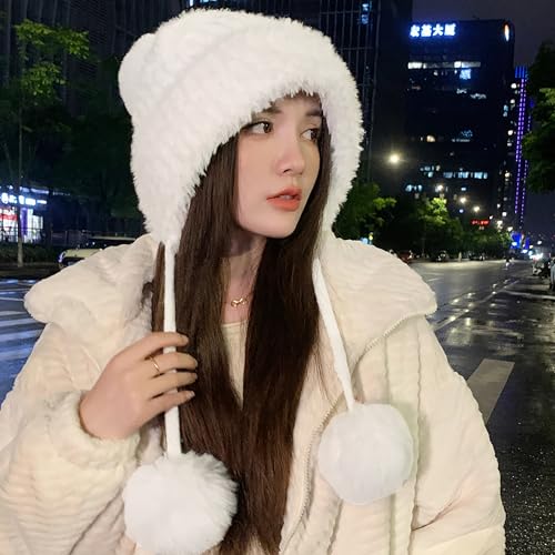 HUAMULAN Women Winter Sherpa Knit Beanie Hats with Pom Poms Ear Flaps - color: White