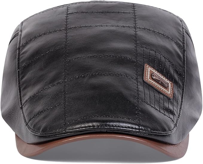 Newsboy Cap for Men, Flat Cap, PU Leather Hat - color: Patch| Black