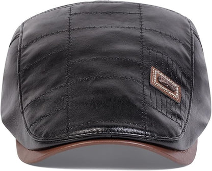 Newsboy Cap for Men, Flat Cap, PU Leather Hat - color: Patch| Black