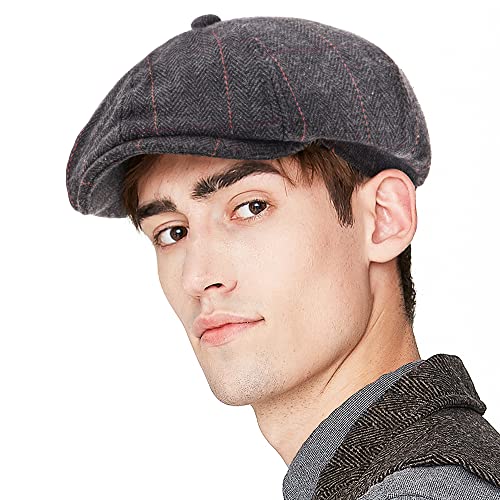 LADYBRO 8 Panel Newsboy Hats for Men Cap Irish Wool Blend Tweed, Adjustable - color: 001 Plaid Black, size: 7 3/4-8