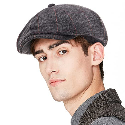 LADYBRO 8 Panel Newsboy Hats for Men Cap Irish Wool Blend Tweed, Adjustable - color: 001 Plaid Black, size: 7 3/4-8