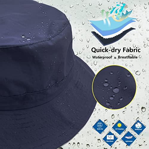 woogwin Waterproof Bucket Rain Hat with Chin Strap Quick Dry Packable Boonie Sun Hat Safari Hat UV Protection - color: Navy