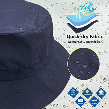woogwin Waterproof Bucket Rain Hat with Chin Strap Quick Dry Packable Boonie Sun Hat Safari Hat UV Protection - color: Navy