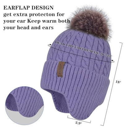 FENELY Women's Knitted Warm Beanie Winter Hat, Warm Chunky Snow Hat with Pompom - color: Purple