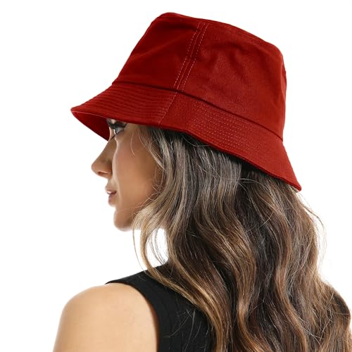 Wheebo Solid Color Bucket Hat for Women Summer Beach Fishmen Hat for Lady Adult Unisex Cotton Cap…… - color: A-sc-red