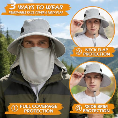 Wide Brim Sun Bucket Hat, Waterproof Boonie Hat for Men & Women - color: 07 Light Grey (Full Coverage)