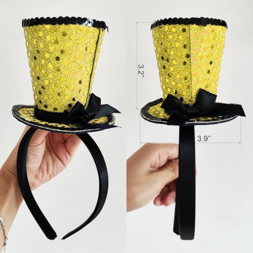 WLBON Halloween Mini Top Hat Headband 1920s Bow Sequins Hair Hoops Bands Fascinator Headpiece Hairband Women Christmas Holiday Festival Parade Cosplay Dress Up Birthday Tea Party Accessories Golden - color: Golden Tone