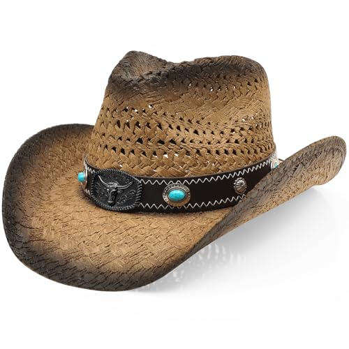 WQWOVRVO Cowboy Hat,Cowgirl Hat,Straw Cowboy Hats for Women/Men Wide with Shapeable Brim - color: Brown&coffee Color