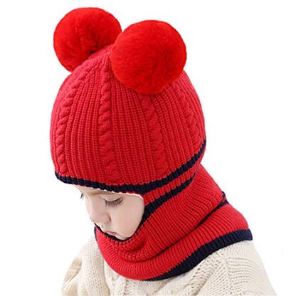 Toddler Winter Hat Baby Balaclava 2 in 1,Fleece Lined Knitted Beanie with Face Mask, Ear Flaps & Pom Pom for Boys Girls - color: Bear-red