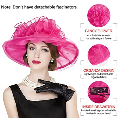 2026 Derby Hats for Women Ladies, Classy Organza Sun Hat, Church Tea Party Wedding Kentucky Fascinator Hat - color: 2a-4541-rose Red