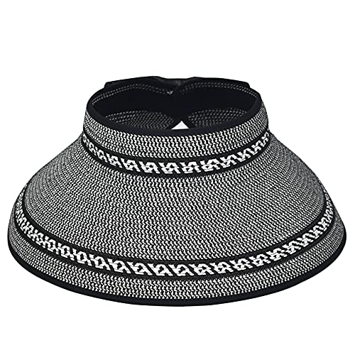 Women Sun Visors Foldable Straw Hats Summer Beach Packable Hat Floppy Wide Brim Cap Deep Style, Adjustable Size - color: Black Mix
