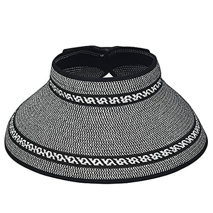 Women Sun Visors Foldable Straw Hats Summer Beach Packable Hat Floppy Wide Brim Cap Deep Style, Adjustable Size - color: Black Mix