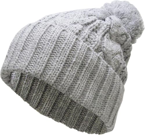 KBETHOS Women's Winter Warm Thick Oversize Knitted Beanie Hat with Pom Pom - color: Light Gray Cable Knit Pom Beanie