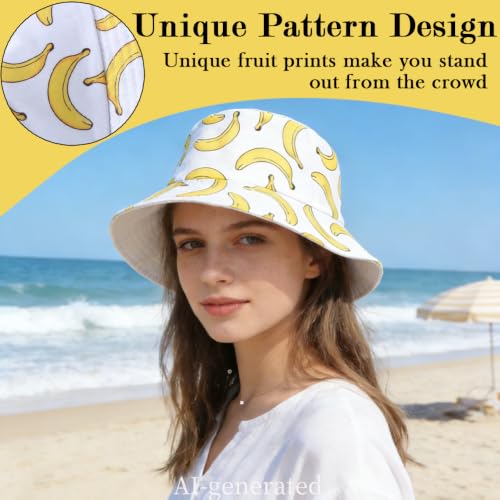 Funny Bucket Hat Foldable Festival Hats Wide Brim Hat Unisex Reversible Fisherman Hats Fruit Patterns - color: Banana-black