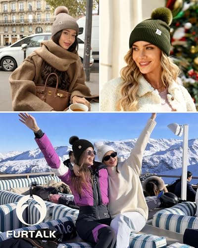 FURTALK Pom Pom Winter Hats for Women Fleece Lined Slouchy Warm Beanie Skull Cap - color: Black