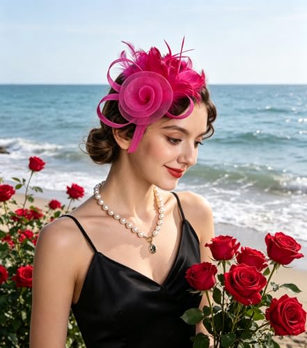 SAFERIN Women's Fascinators Feathers Tea Party Hat Veil Headband with Hair Clip for Cocktail Church - color: M-rose Red
