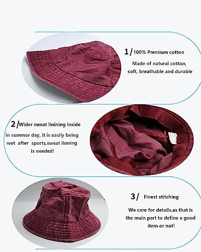 Premium Cotton Bucket Hats,Packable Hats for Men Women,Summer Bucket Hat,Fishing Sun Hats - color: Wine