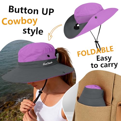 ZOORON Women's Ponytail Safari Sun Hat,Wide Brim UV Protection Bucket Hat - color: 2-purple+grey