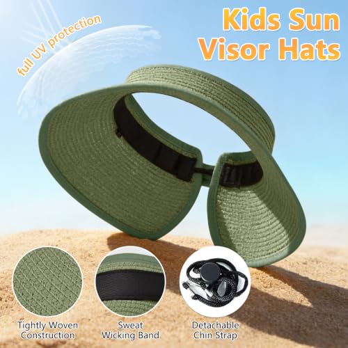 ZOORON Girls Straw Sun Visor Hat, Wide Brim Ponytail Beach Hat with Bow - color: Grayish Green
