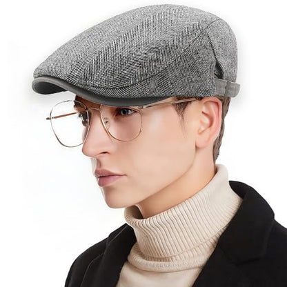 Mens Herringbone Tweed Newsboy Cap Flat Ivy Gatsby Hat Adjustable Cabbie Cap for Women - color: Light Grey