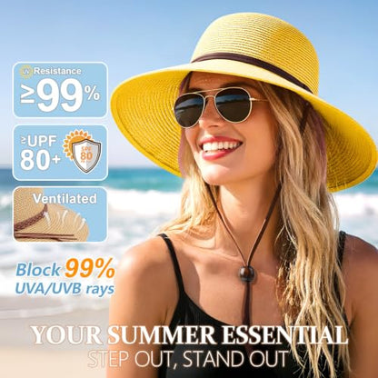 DRESHOW Womens Summer Straw Sun Hat Wide Brim Bucket Hats Fedora Hat Panama Beach Hat with Chin Strap UPF 50+ - color: Straw Hat With Wind Lanyard: Yellow