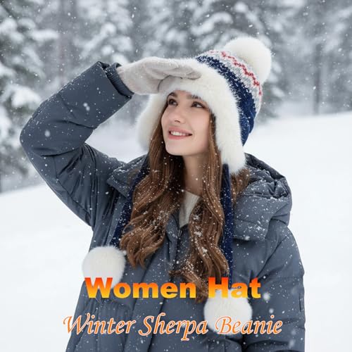 Women Winter Sherpa Beanie Hats Knit Ear Flap Hat Fleece Lined - color: Patterned Navy