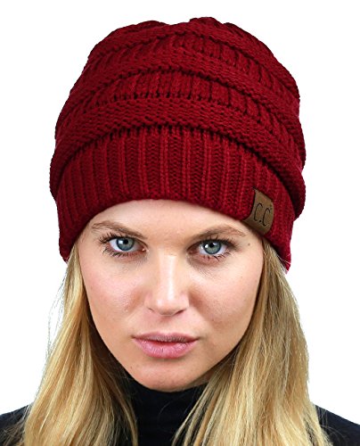 C.C Unisex Chunky Soft Stretch Cable Knit Warm Fuzzy Lined Skully Beanie - color: Burgundy