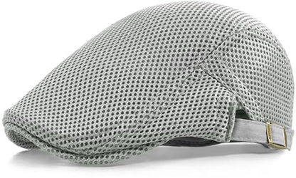 Xinveen Men's Mesh Cap Breathable Summer Newsboy Hat Adjustable Beret Ivy Cap Irish Cabbie Driving Hunting Hats - color: Light Gray