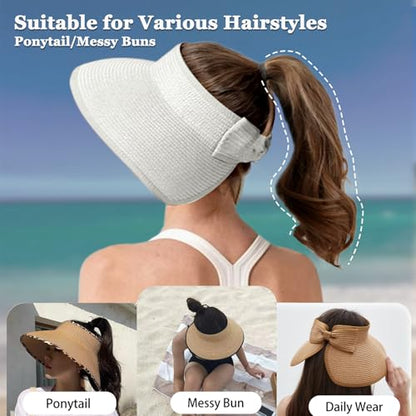 Women's Sun Visor Hats Wide Brim Straw Beach Hat Ponytail Hats for Women Foldable Floppy - color: 1pack-kd-white.