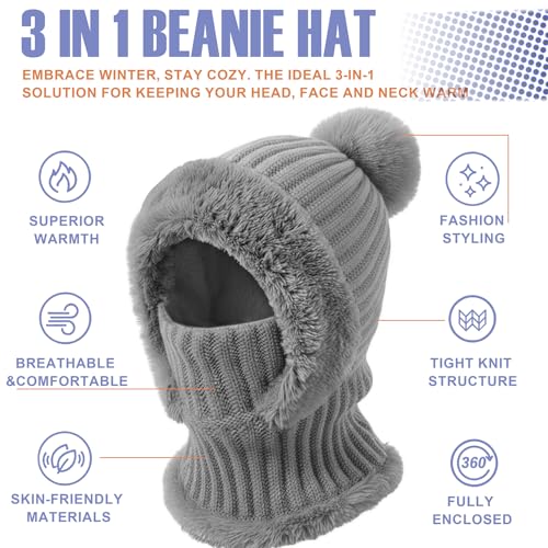 AQOKKA 3 in 1 Knit Fleece Lined Beanie Hat with Scarf and Mask Warm - color: Grey