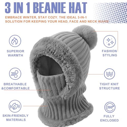 AQOKKA 3 in 1 Knit Fleece Lined Beanie Hat with Scarf and Mask Warm - color: Grey