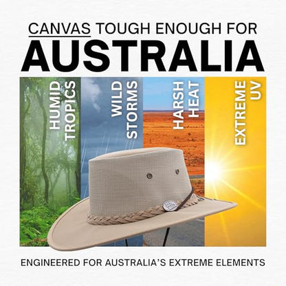 1048 Canvas Cooler - Australian Drover Sun Hat - Durable Canvas, Airflow Mesh, Lightweight, Wide Brim - color: Beige, size: Large