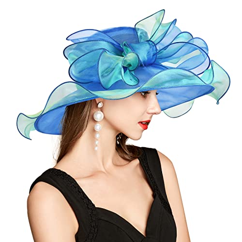2026 Derby Hats for Women Ladies, Classy Organza Sun Hat, Church Tea Party Wedding Kentucky Fascinator Hat - color: B2967-royal Blue
