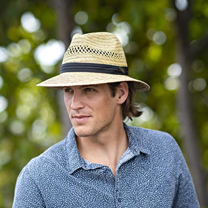 Panama Jack Mens Safari Sun Hat - Handwoven Straw, Lightweight, 3" Brim, Inner Elastic Sweatband - color: Navy, size: Large-X-Large