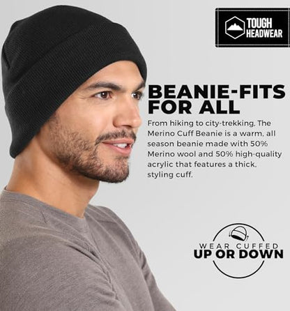 Tough Headwear Merino Wool Beanie - Moisture Wicking Winter Hats for Women - Stretchy Mens Beanie - Breathable Wool Hat - color: Black