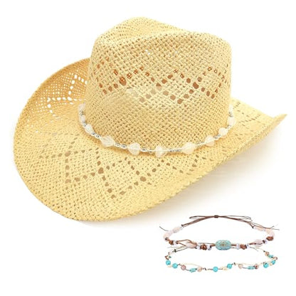 Men's Women's Straw Cowboy Hat, Western Cowgirl Hat, Wide Brim Hollow Out Sun Beach Hat with Three Decorative Bands - color: Pale Yellow