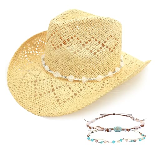 Men's Women's Straw Cowboy Hat, Western Cowgirl Hat, Wide Brim Hollow Out Sun Beach Hat with Three Decorative Bands - color: Pale Yellow