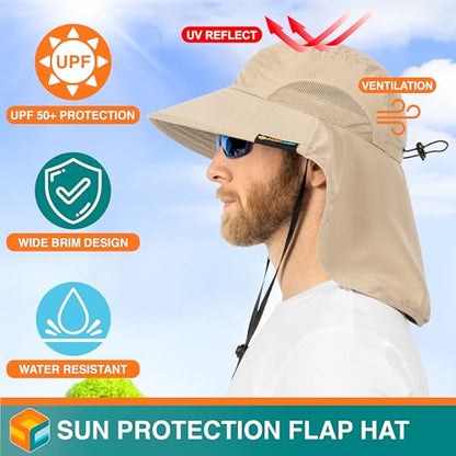 SUN CUBE Wide Brim Sun Hat with Neck Flap for Men Women, UPF50+ Fishing - color: Tan